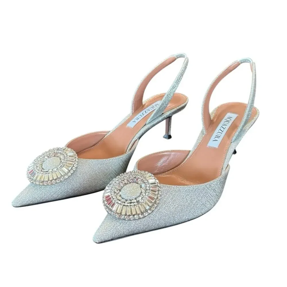 Aquazzura Crystal Hoop 50 Slingback Pumps Kitten Heel Silver NEW EU 37 US 7